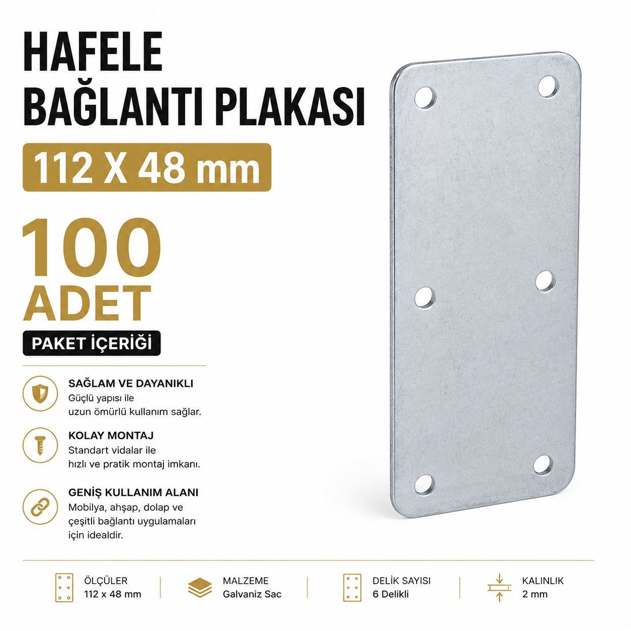 Hafele Bağlantı Plakası 112x48mm, Galvaniz Renk (100 Adet)