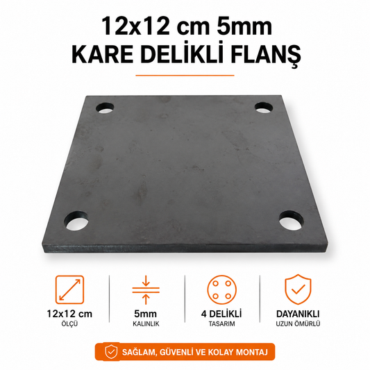 12x12 cm – 5 mm Kalınlığında Delikli Kare Flanş | Yüksek Dayanımlı Bağlantı Elemanı