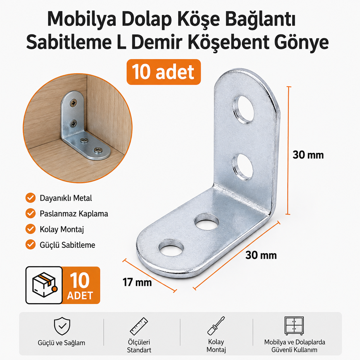 Mobilya Duvar Dolap Raf Köşe Bağlantı Sabitleme L Demir Köşebent Metal Gönye 30 x 30